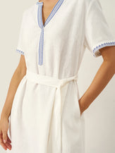 100% Linen Embroidered V-Neck Midi Dress with Belt FELLIS by LINTICO for women