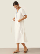 100% Linen Embroidered V-Neck Midi Dress with Belt FELLIS by LINTICO for women