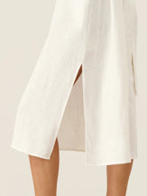 100% Linen Embroidered V-Neck Midi Dress with Belt FELLIS by LINTICO for women