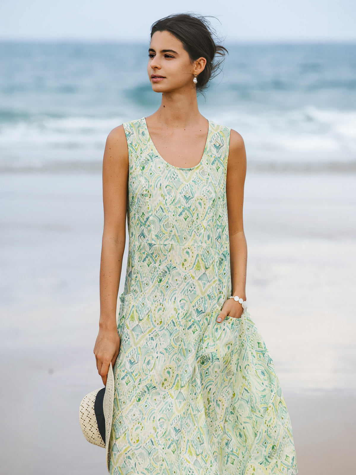 100% Linen Floral Swing Beach Tank Dress LORRAINE by LINTICO for women