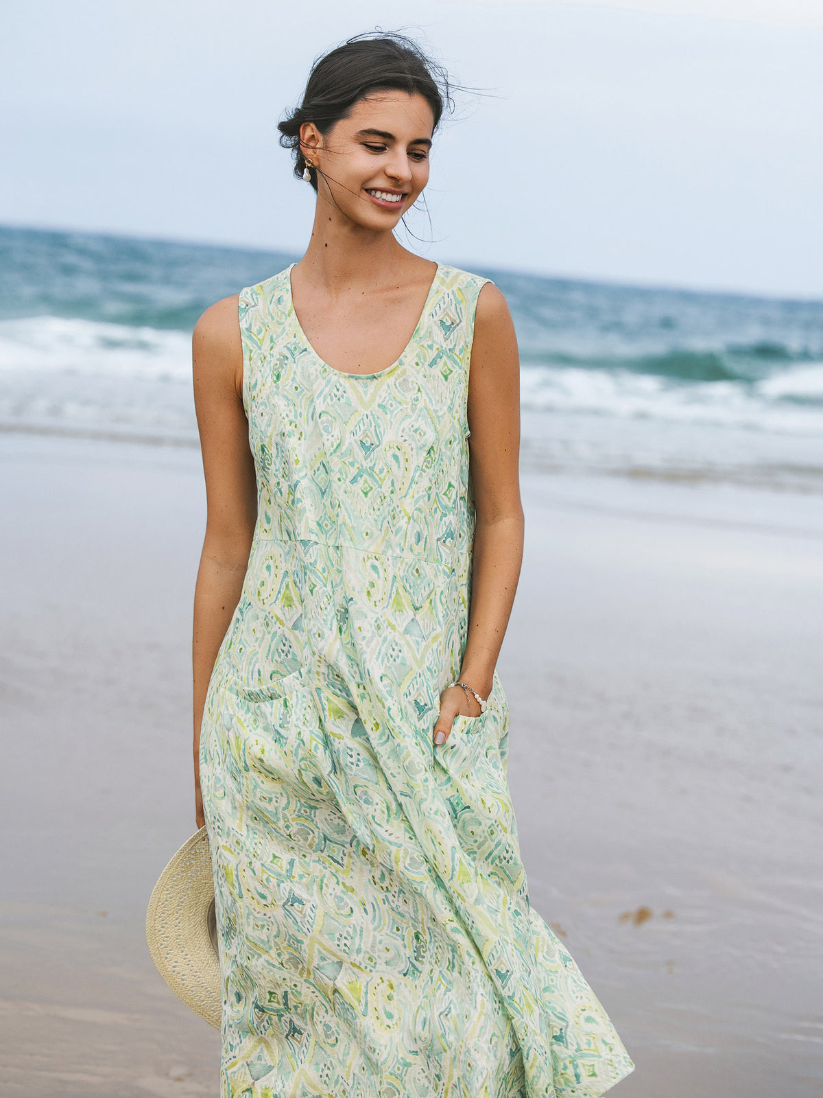 100% Linen Floral Swing Beach Tank Dress LORRAINE by LINTICO for women