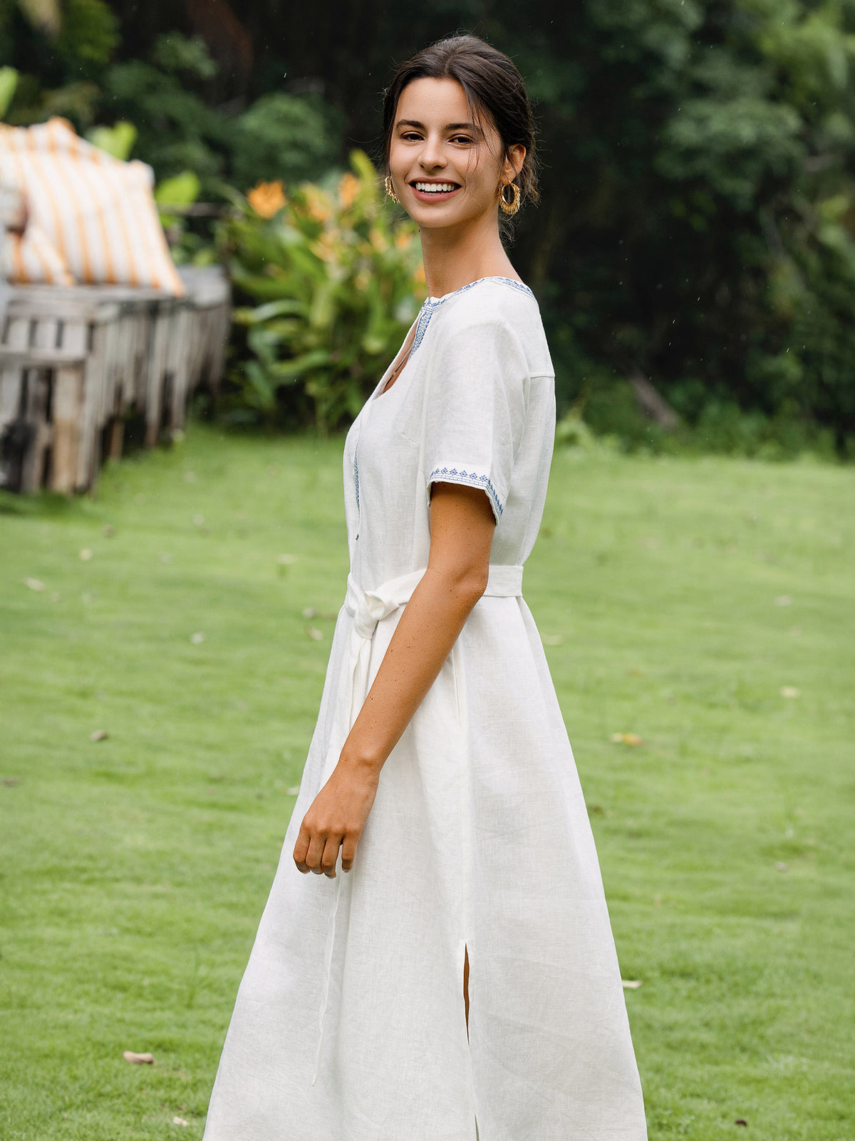 100% Linen Embroidered V-Neck Midi Dress with Belt FELLIS by LINTICO for women
