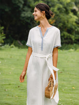 100% Linen Embroidered V-Neck Midi Dress with Belt FELLIS by LINTICO for women