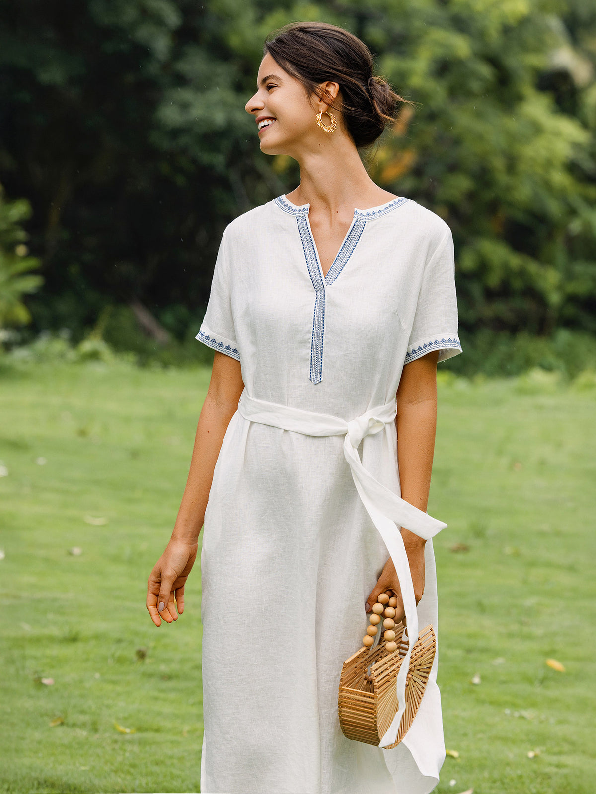 100% Linen Embroidered V-Neck Midi Dress with Belt FELLIS by LINTICO for women