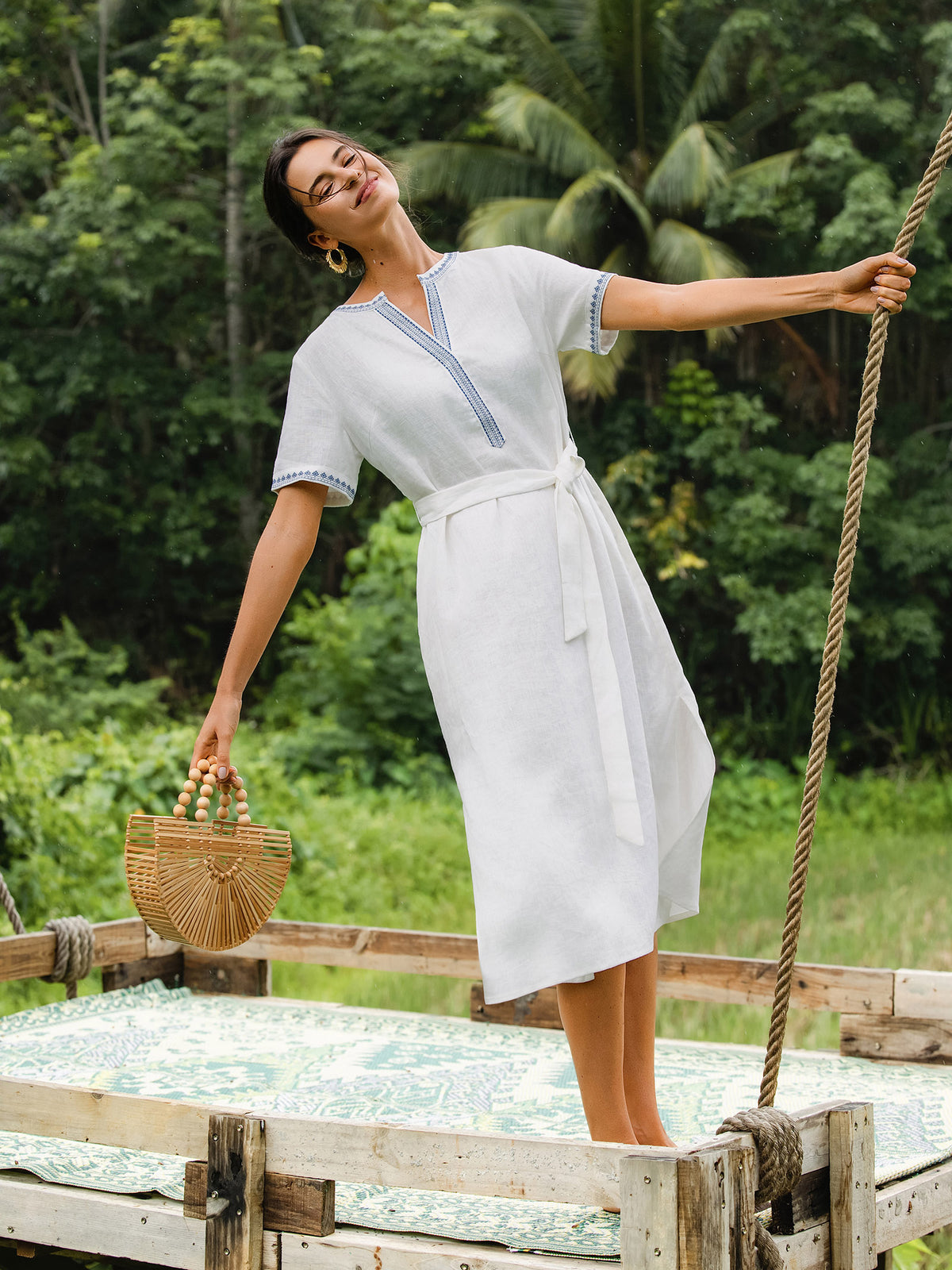 100% Linen Embroidered V-Neck Midi Dress with Belt FELLIS by LINTICO for women