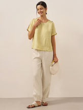 100% Linen Eyelet Short Sleeve Pullover Top ADA by LINTICO for women