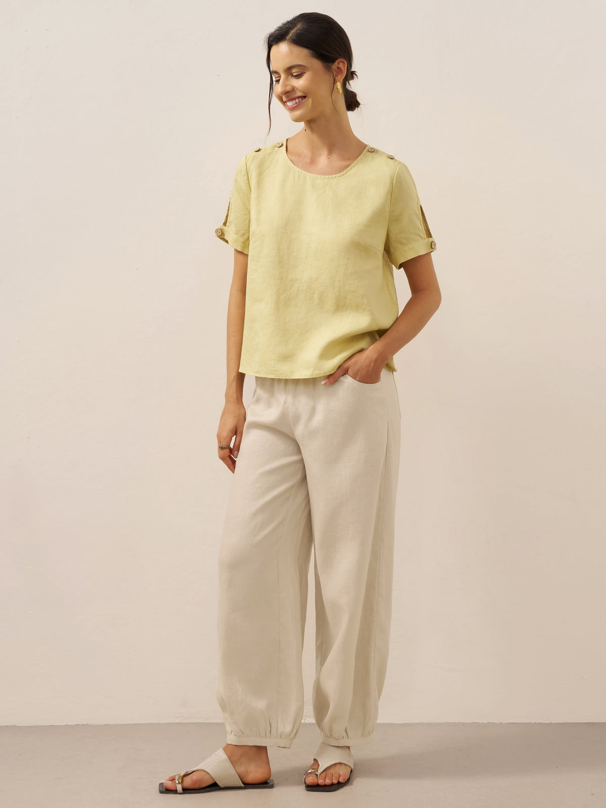 100% Linen Eyelet Short Sleeve Pullover Top ADA by LINTICO for women