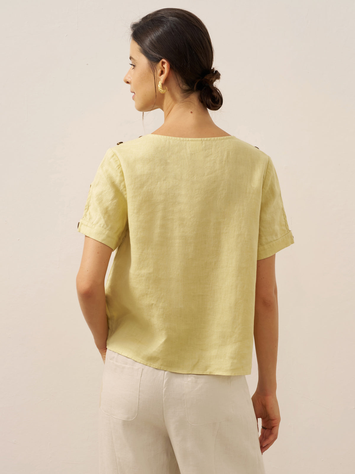 100% Linen Eyelet Short Sleeve Pullover Top ADA by LINTICO for women