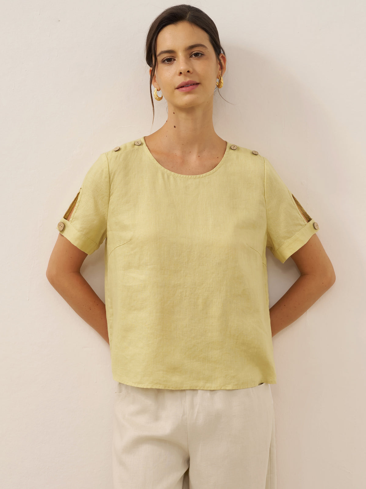 100% Linen Eyelet Short Sleeve Pullover Top ADA by LINTICO for women