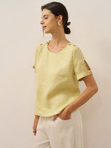 100% Linen Eyelet Short Sleeve Pullover Top ADA by LINTICO for women