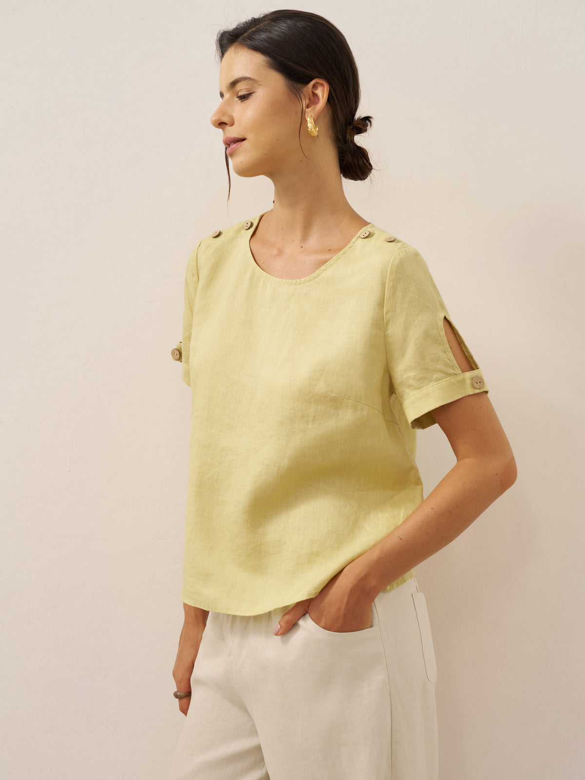 100% Linen Eyelet Short Sleeve Pullover Top ADA by LINTICO for women