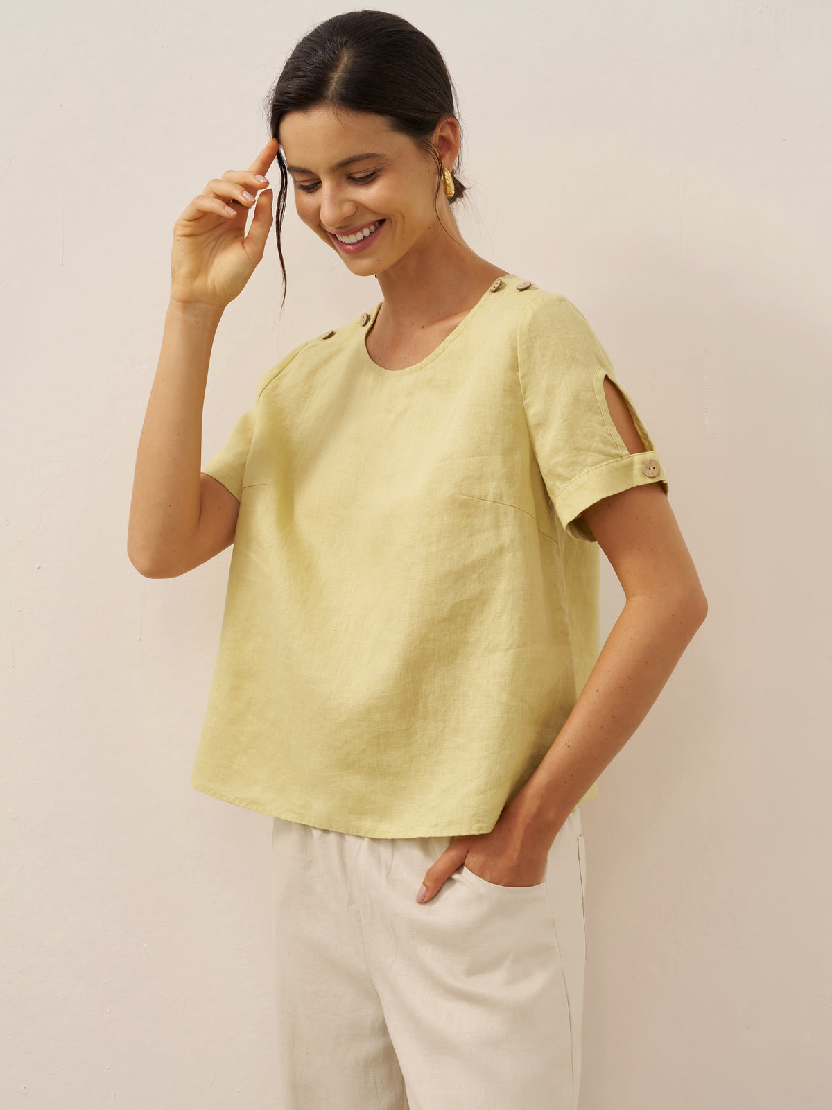 100% Linen Eyelet Short Sleeve Pullover Top ADA by LINTICO for women
