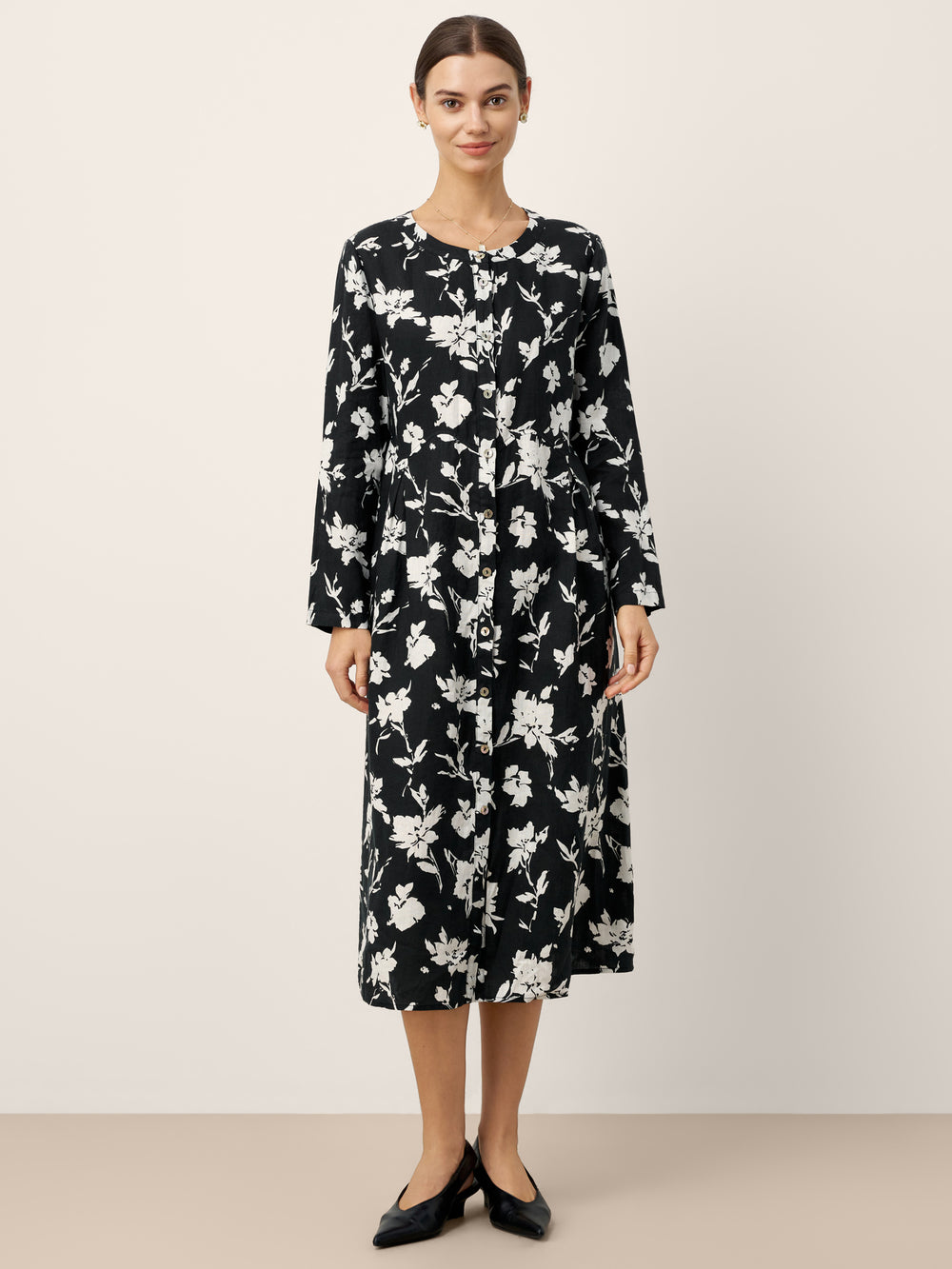 100% Linen Floral Printed Gathered Midi Dress ELODIE
