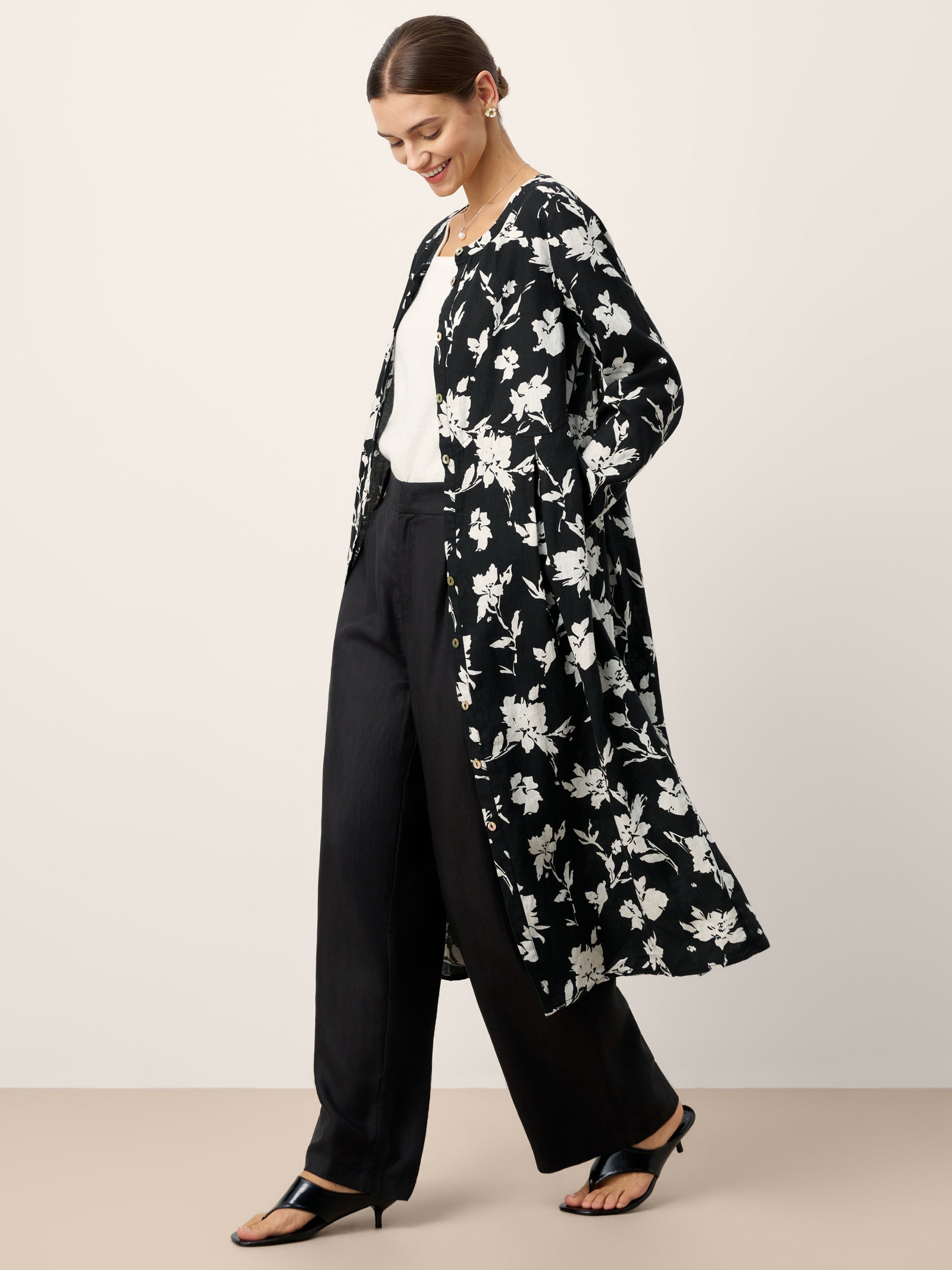 100% Linen Floral Printed Gathered Midi Dress ELODIE by LINTICO for women