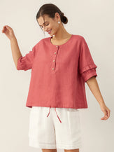 100% Linen Flutter Sleeve Drawstring Top ZOEY by LINTICO for women