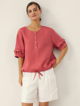 100% Linen Flutter Sleeve Drawstring Top ZOEY by LINTICO for women