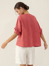 100% Linen Flutter Sleeve Drawstring Top ZOEY by LINTICO for women