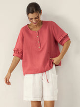 100% Linen Flutter Sleeve Drawstring Top ZOEY by LINTICO for women