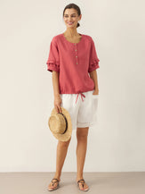 100% Linen Flutter Sleeve Drawstring Top ZOEY by LINTICO for women
