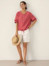 100% Linen Flutter Sleeve Drawstring Top ZOEY by LINTICO for women