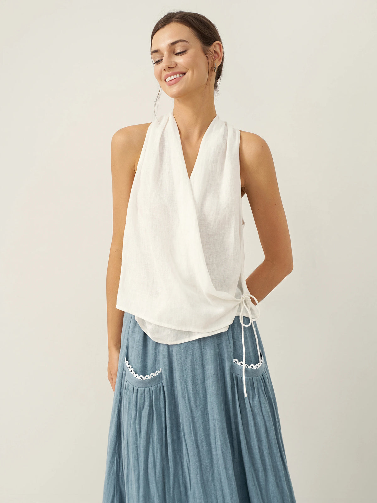 100% Linen Halter Neck Tie-Front Crop Top FAYE by LINTICO for women