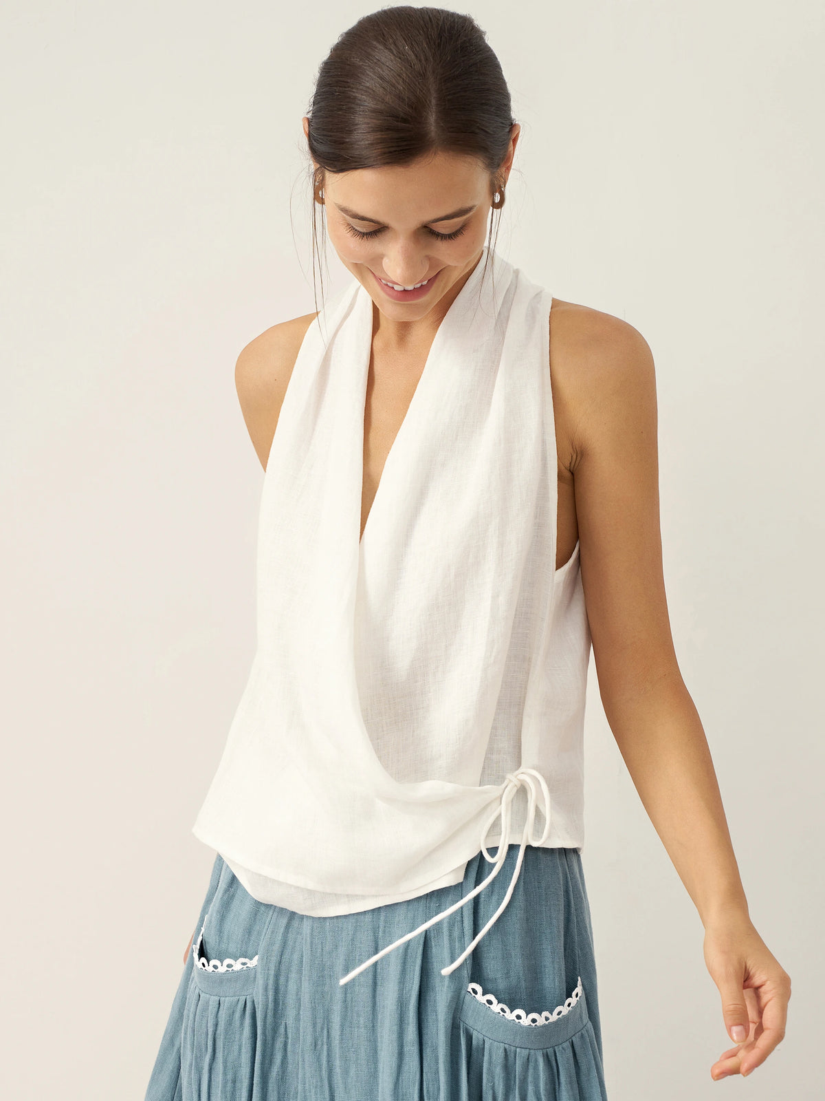 100% Linen Halter Neck Tie-Front Crop Top FAYE by LINTICO for women