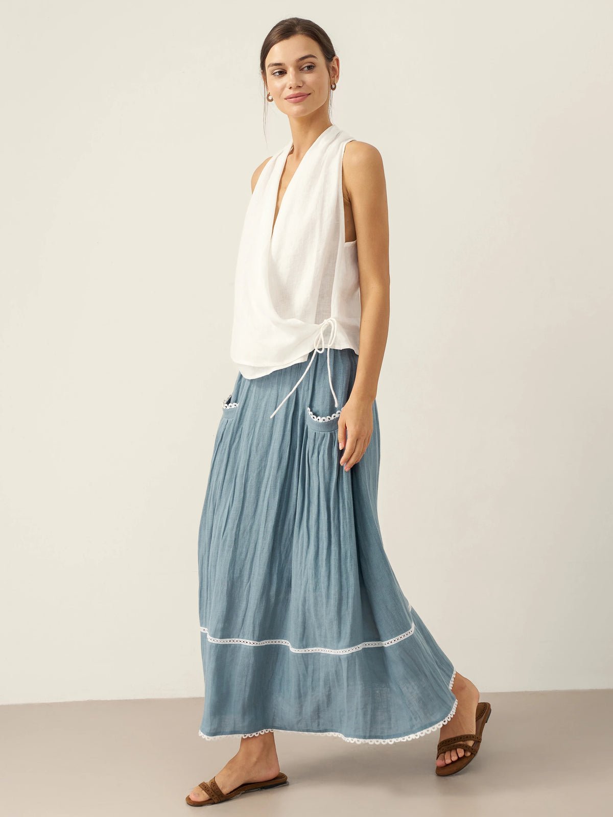 100% Linen Halter Neck Tie-Front Crop Top FAYE by LINTICO for women