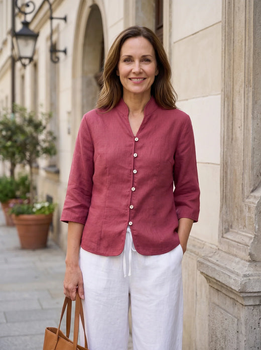 100% Linen Stand-Collar Half-Sleeve Fitted Jacket AMELIA