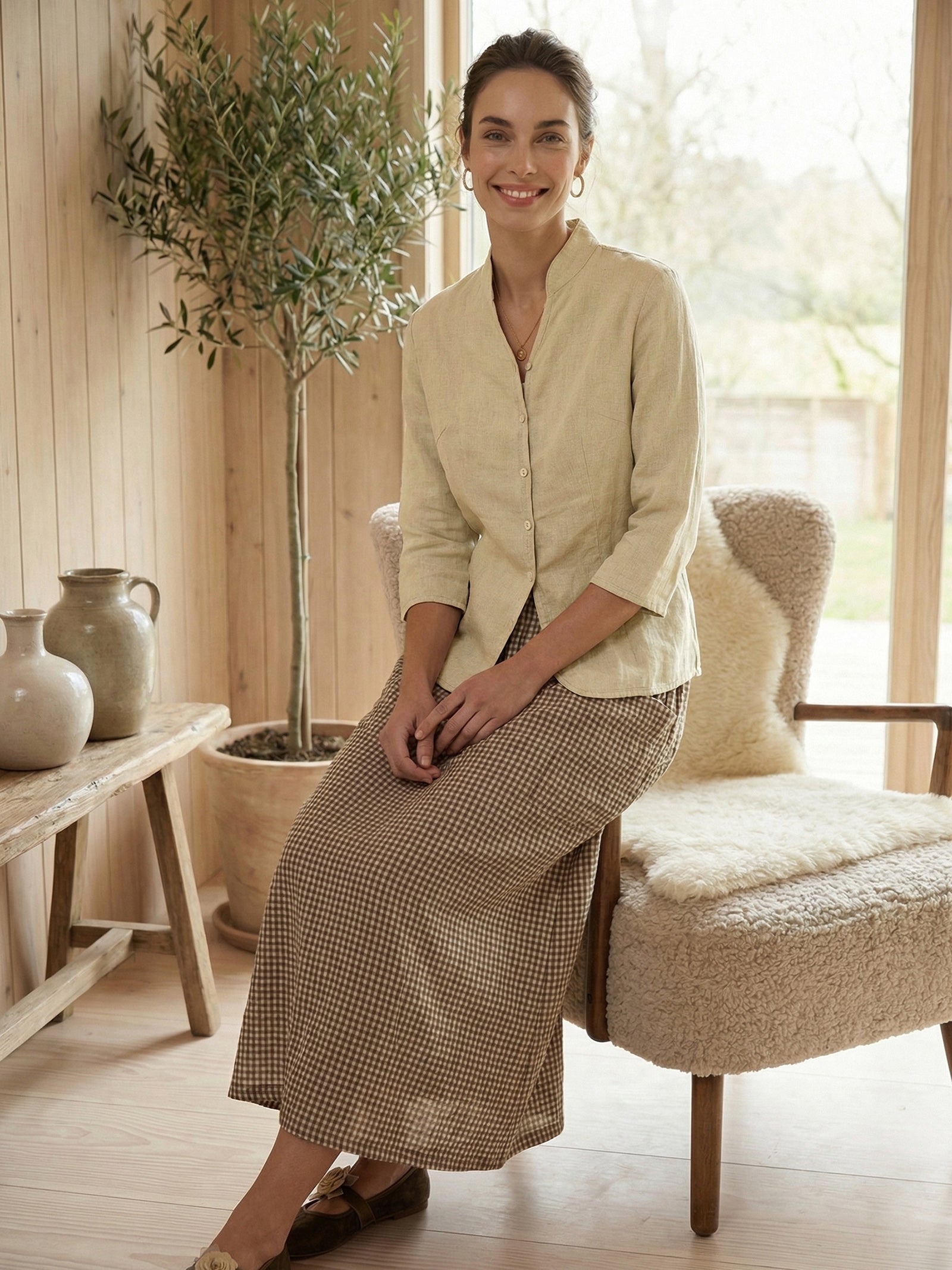 100% Linen Stand-Collar Half-Sleeve Fitted Jacket AMELIA by LINTICO for women