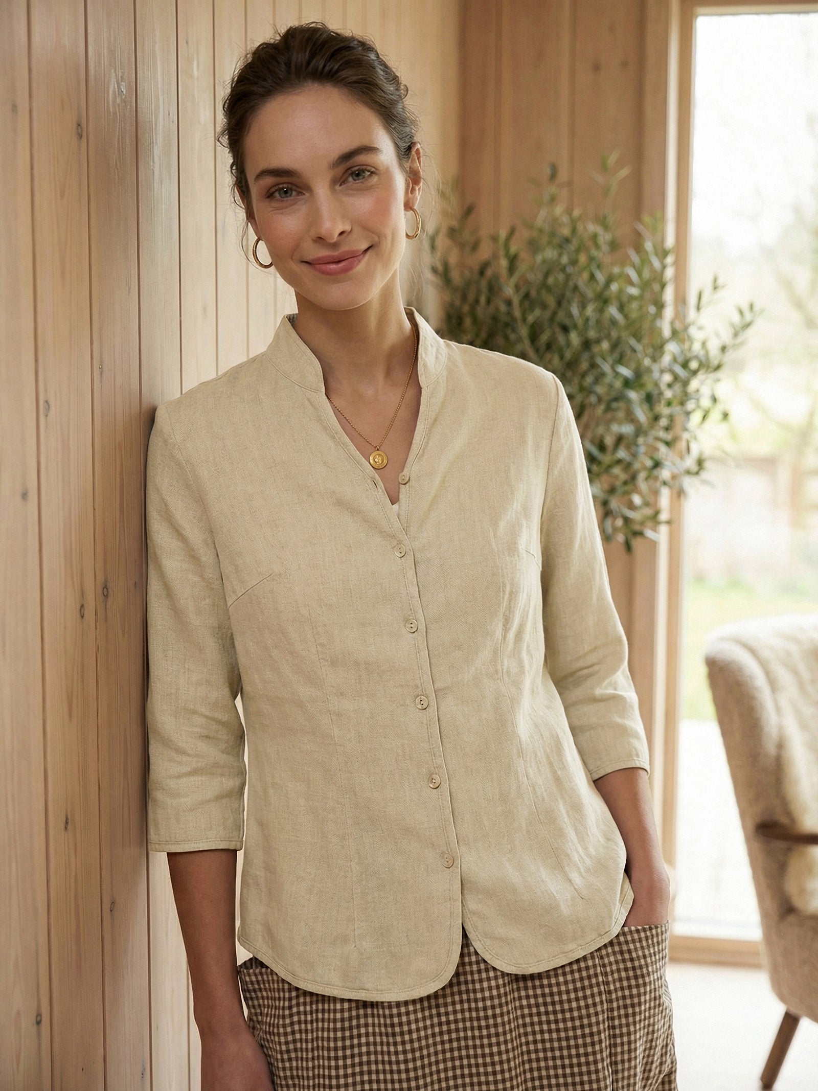 100% Linen Hand Button Fitted Jacket AMELIA