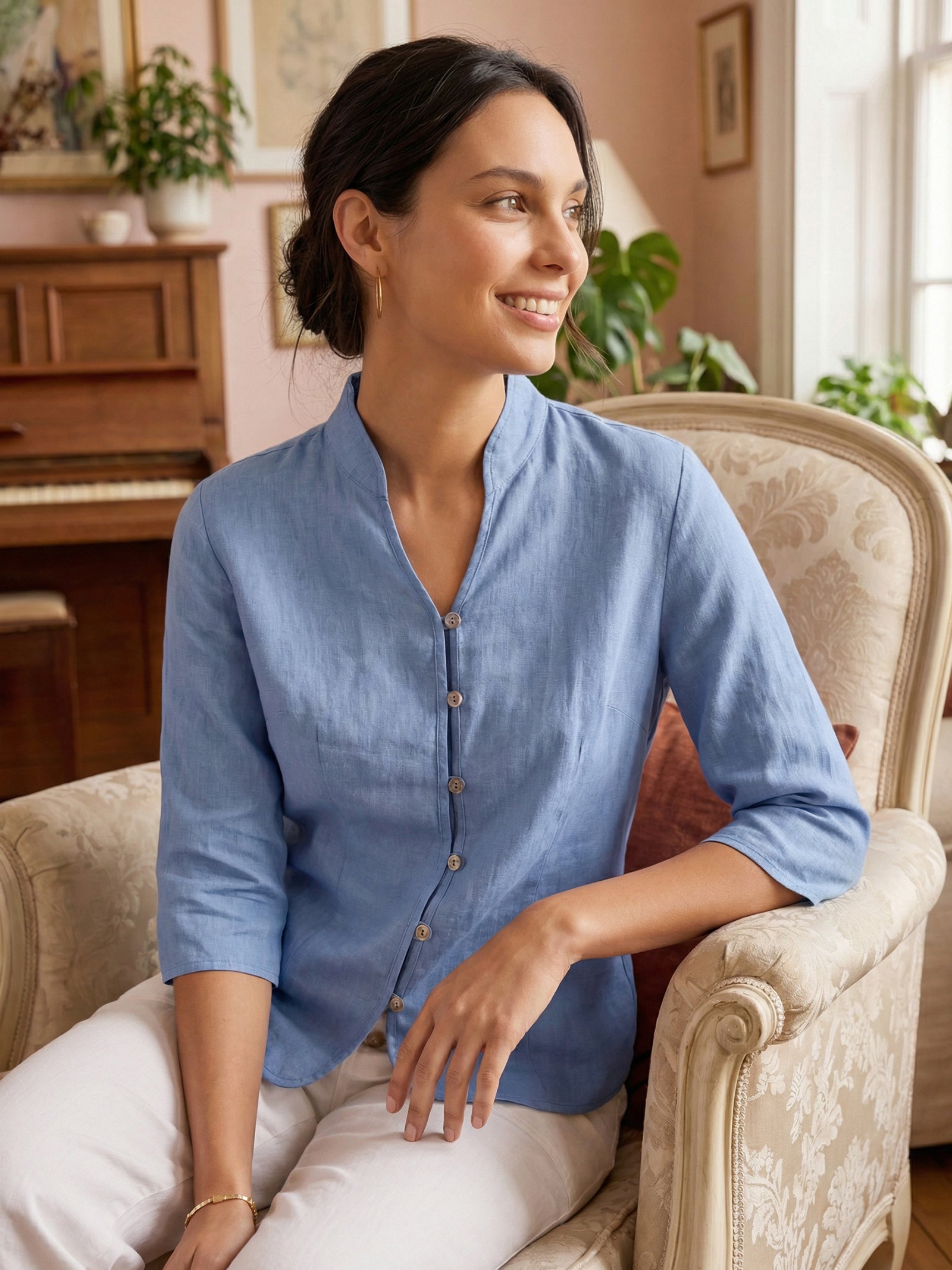 100% Linen Hand Button Fitted Jacket AMELIA