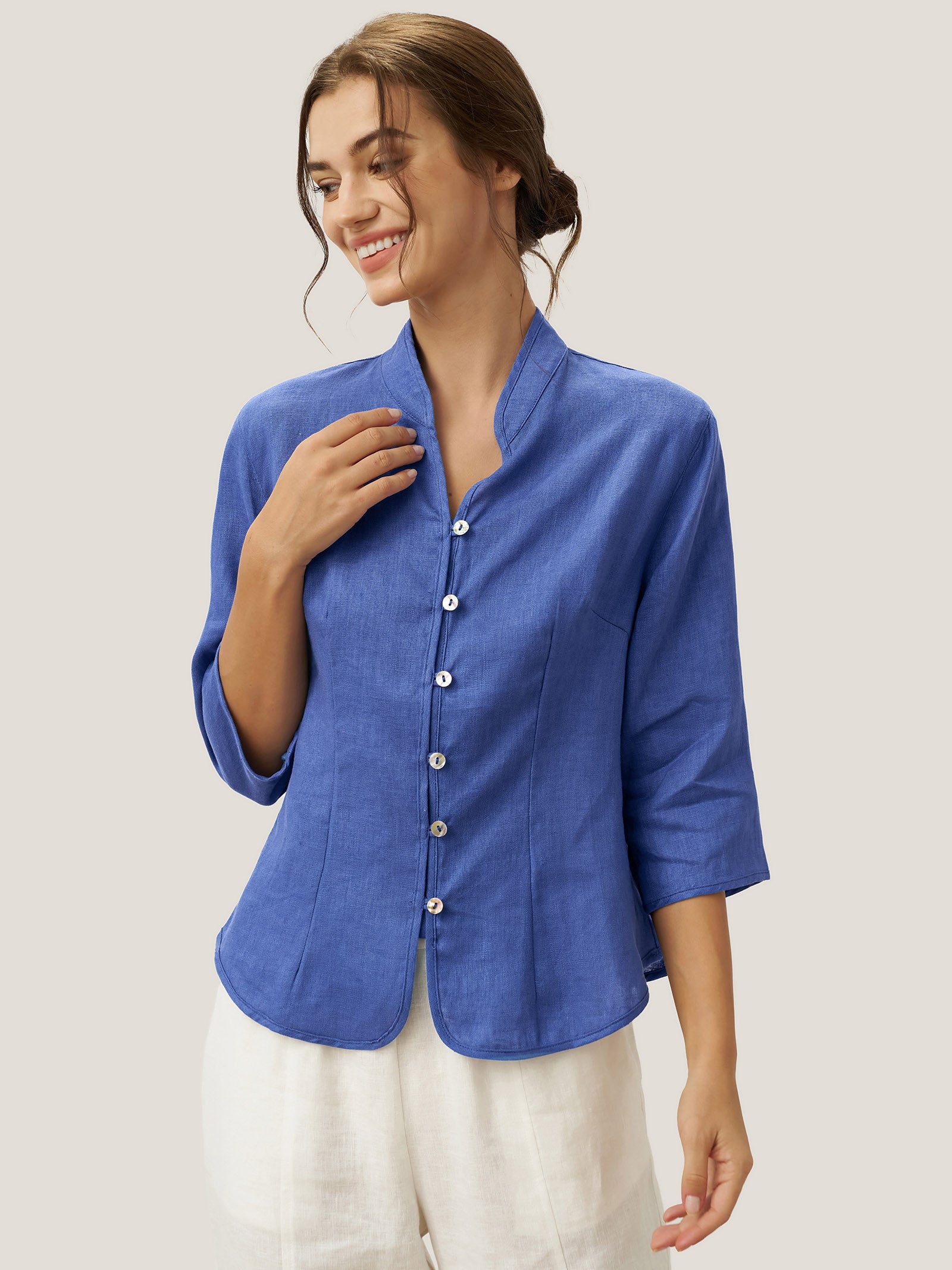 100% Linen Stand-Collar Half-Sleeve Fitted Jacket AMELIA by LINTICO for women
