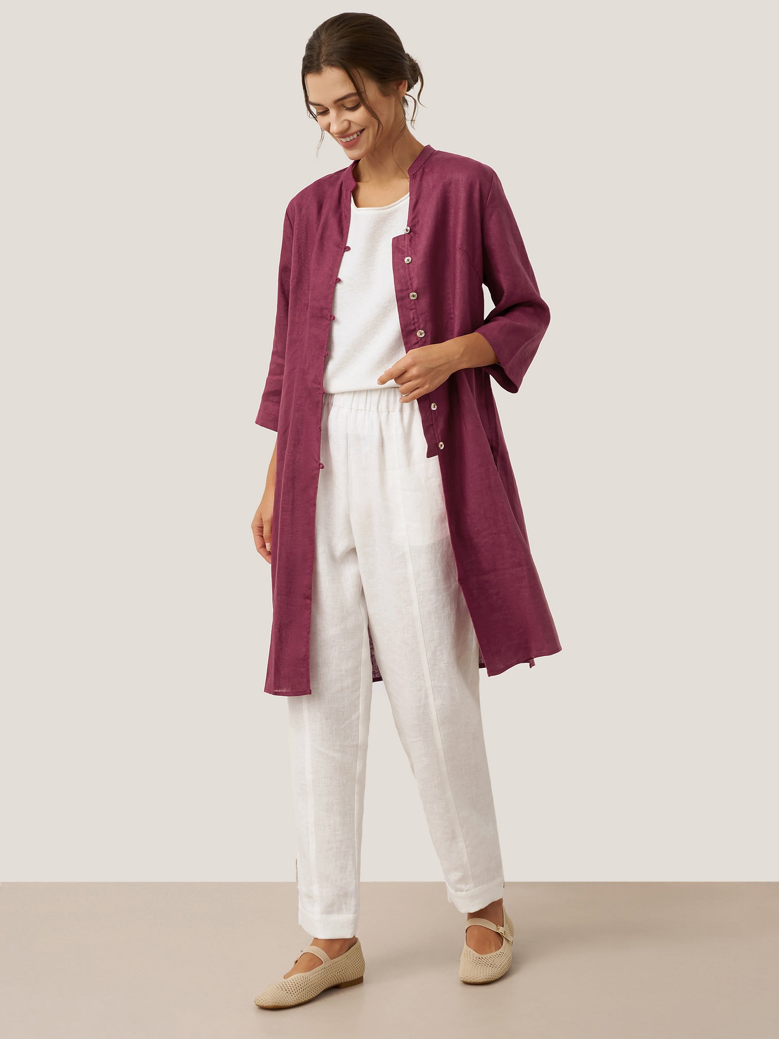 100% Linen Hand Button Long Top DILLON by LINTICO for women