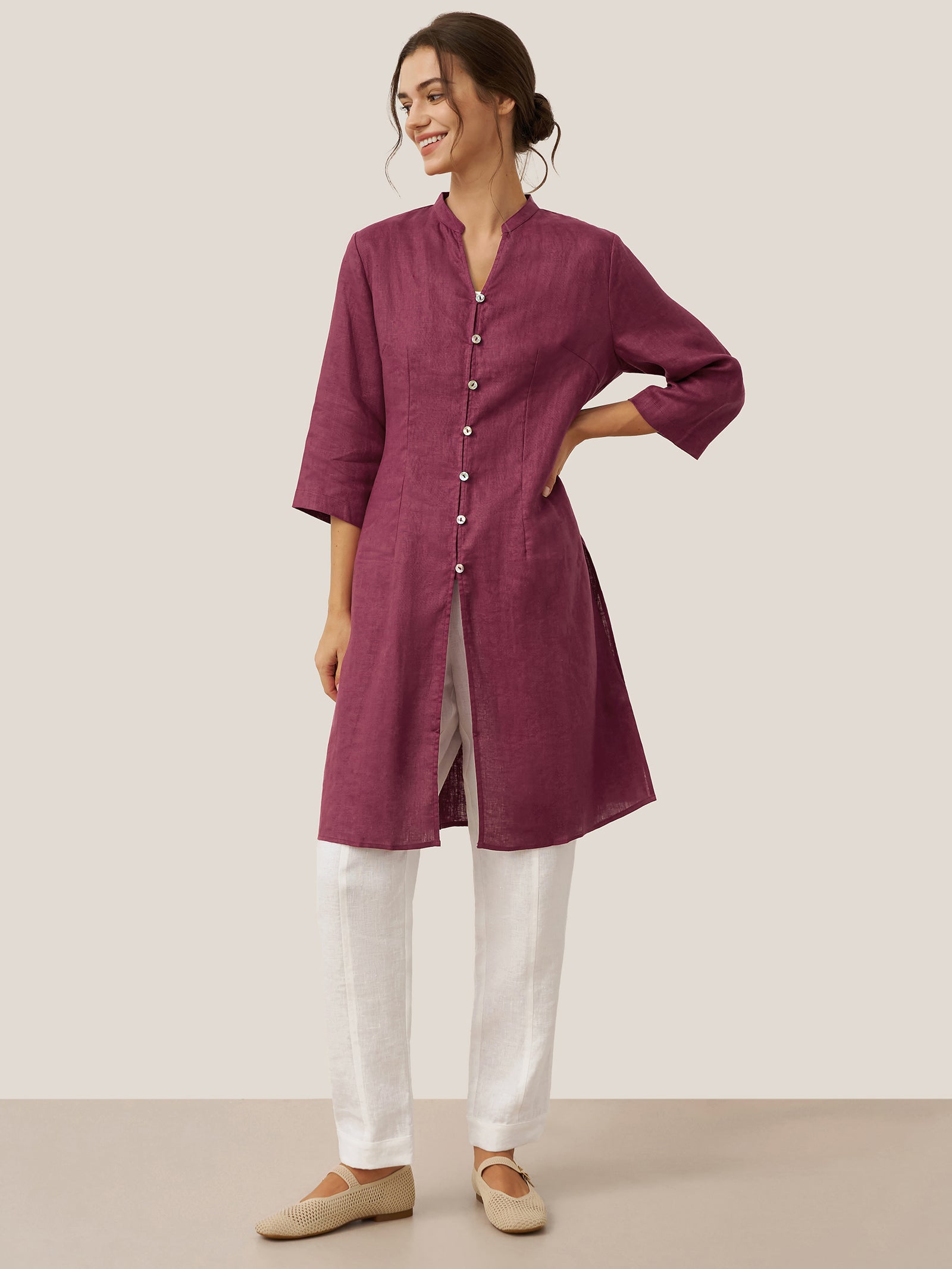 100% Linen Hand Button Long Top DILLON by LINTICO for women