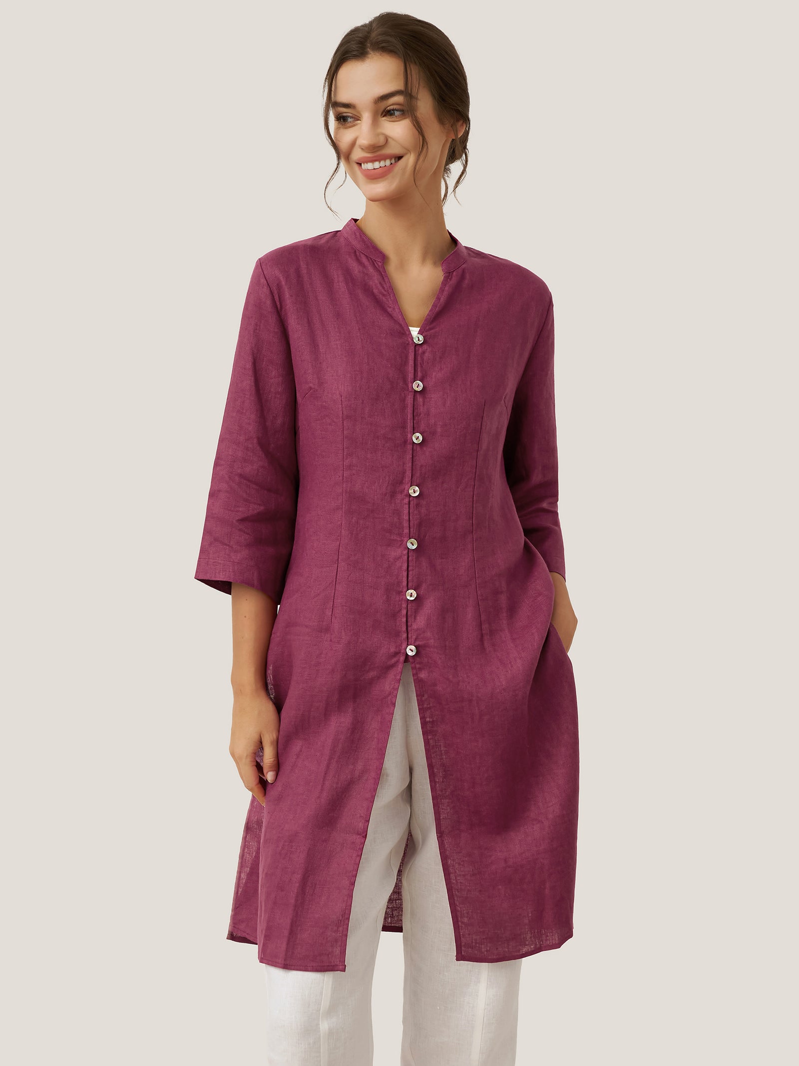 100% Linen Hand Button Long Top DILLON by LINTICO for women