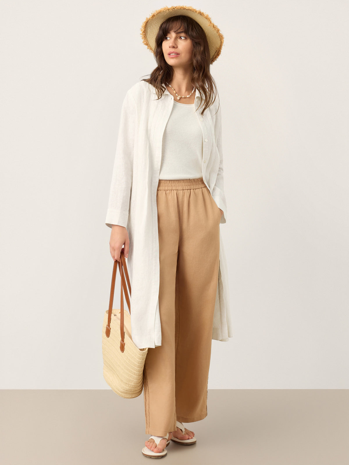 100% Linen Embroidered Pintuck Midi Shirt Dress SYLVIA by LINTICO for women