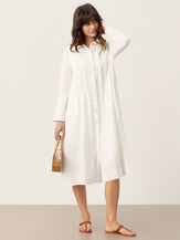 100% Linen Embroidered Pintuck Midi Shirt Dress SYLVIA by LINTICO for women