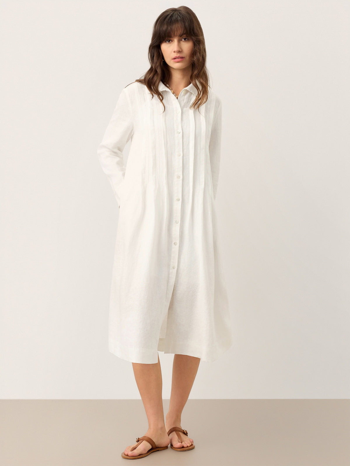 100% Linen Embroidered Pintuck Midi Shirt Dress SYLVIA by LINTICO for women