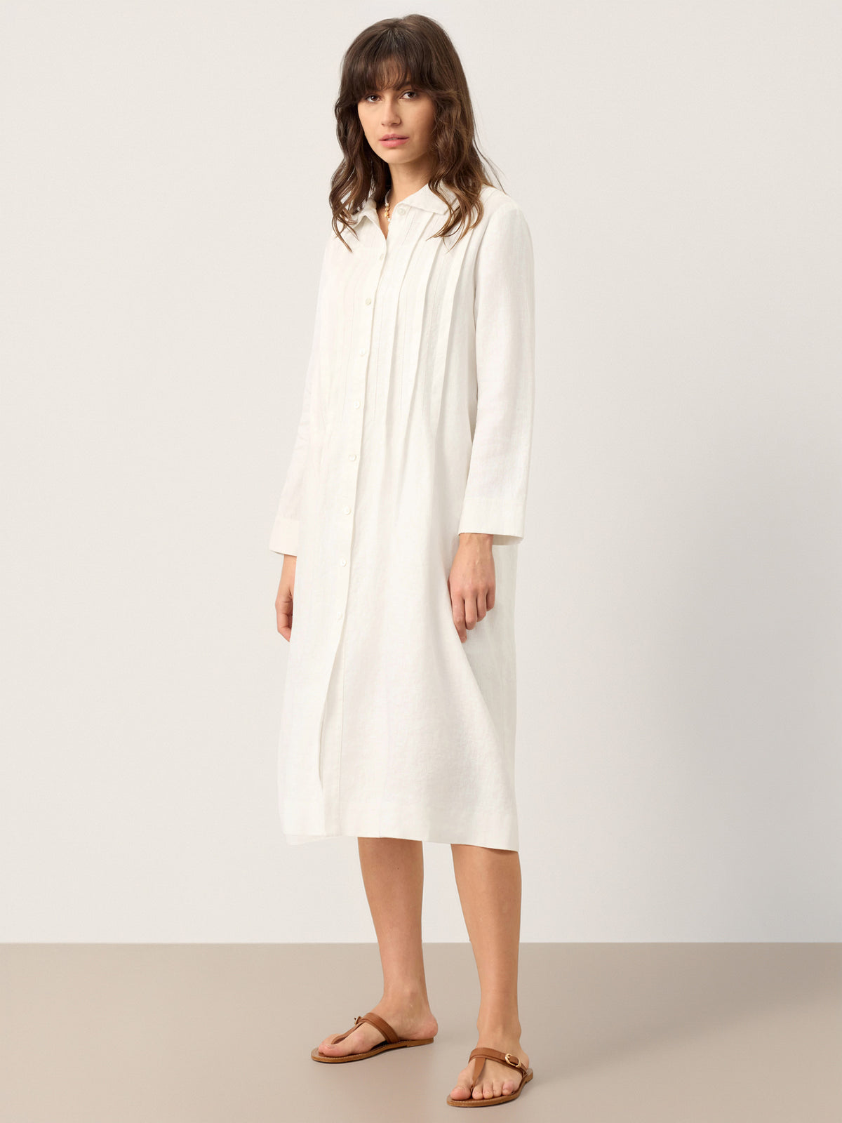 100% Linen Embroidered Pintuck Midi Shirt Dress SYLVIA by LINTICO for women