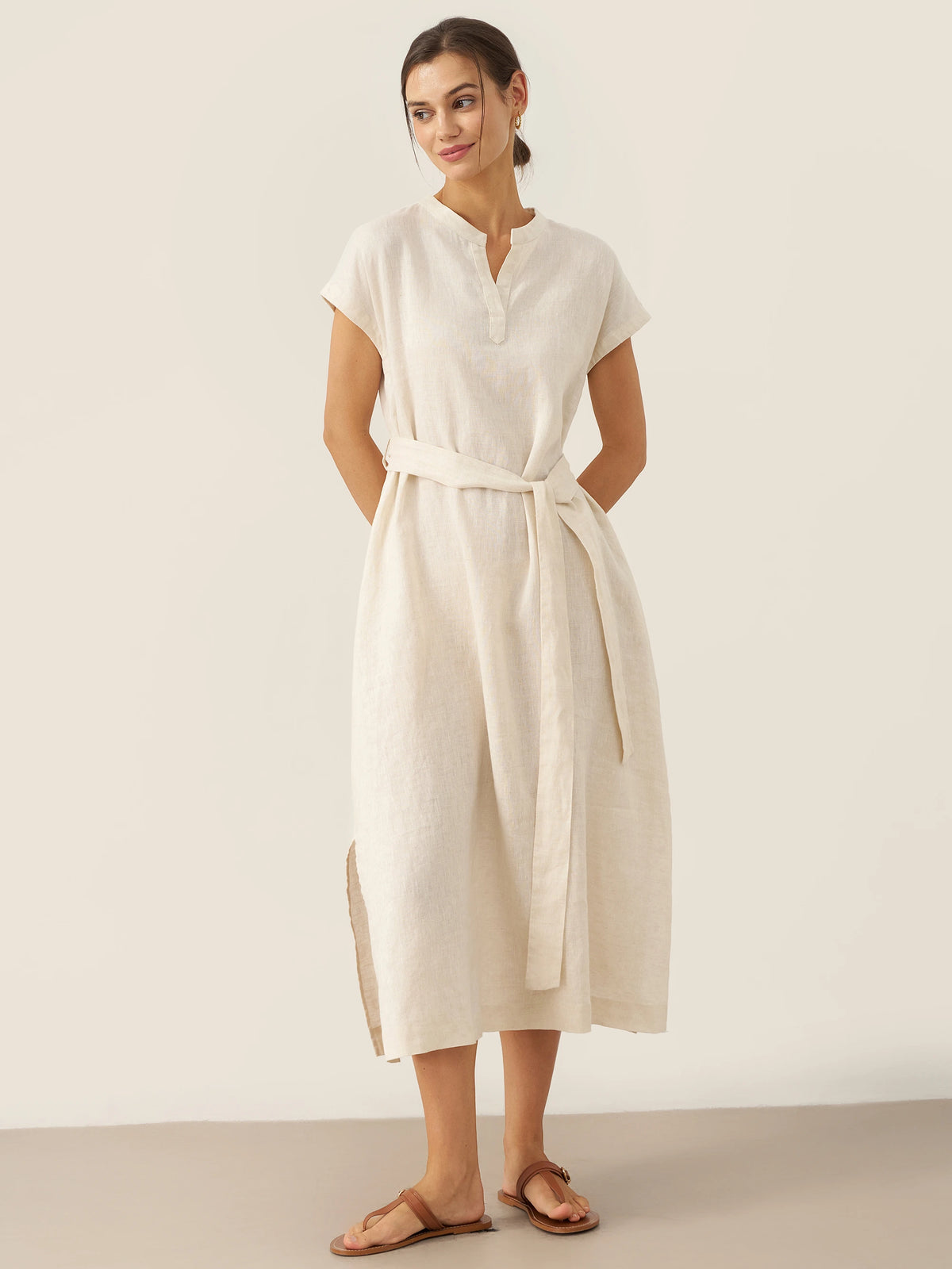 100% Linen Mandarin Collar Midi Dress Detachable Belt MARGARET