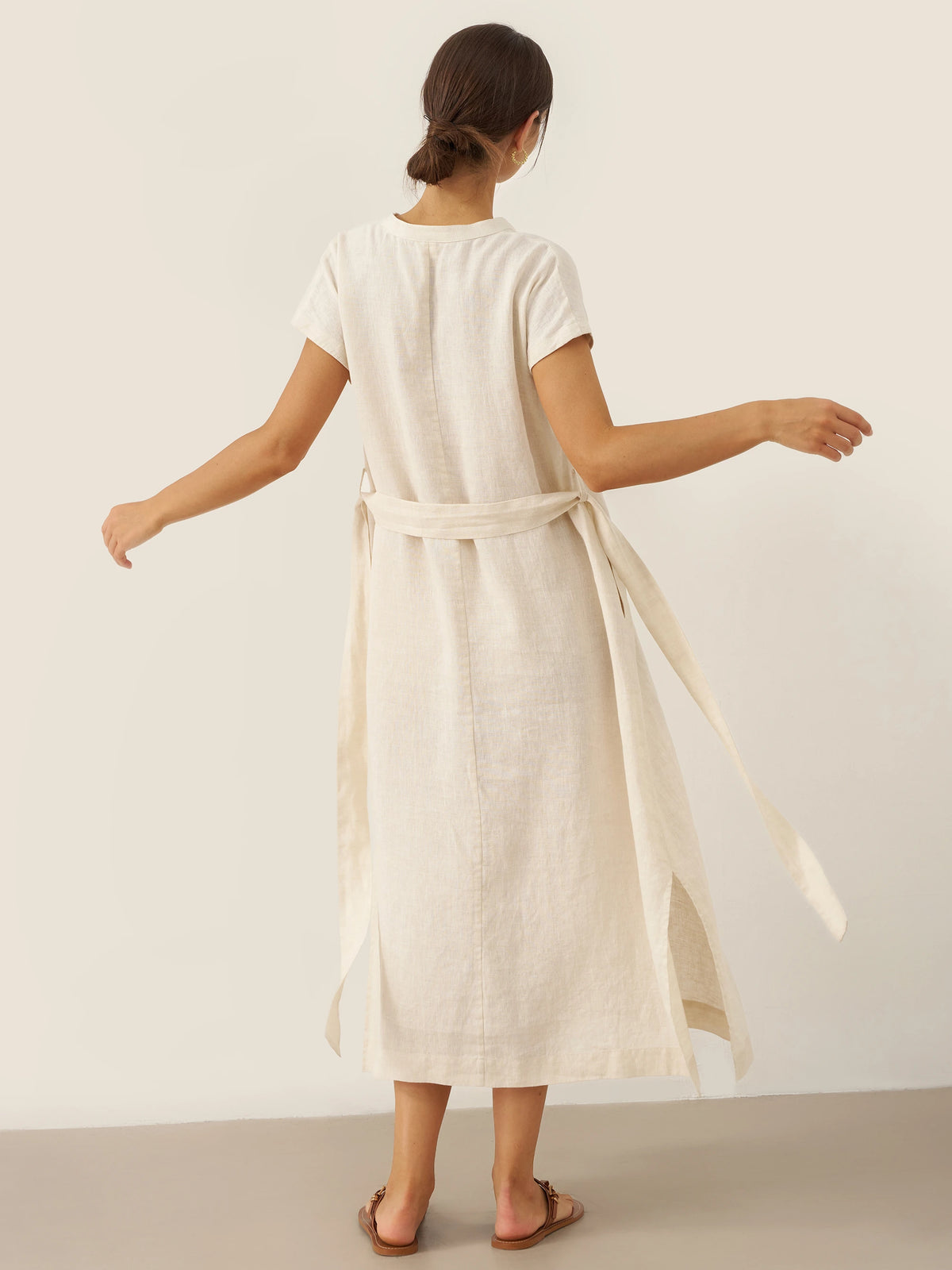 Robe midi MARGARET 100% lin à col mao avec ceinture amovible pour femme par LINTICO