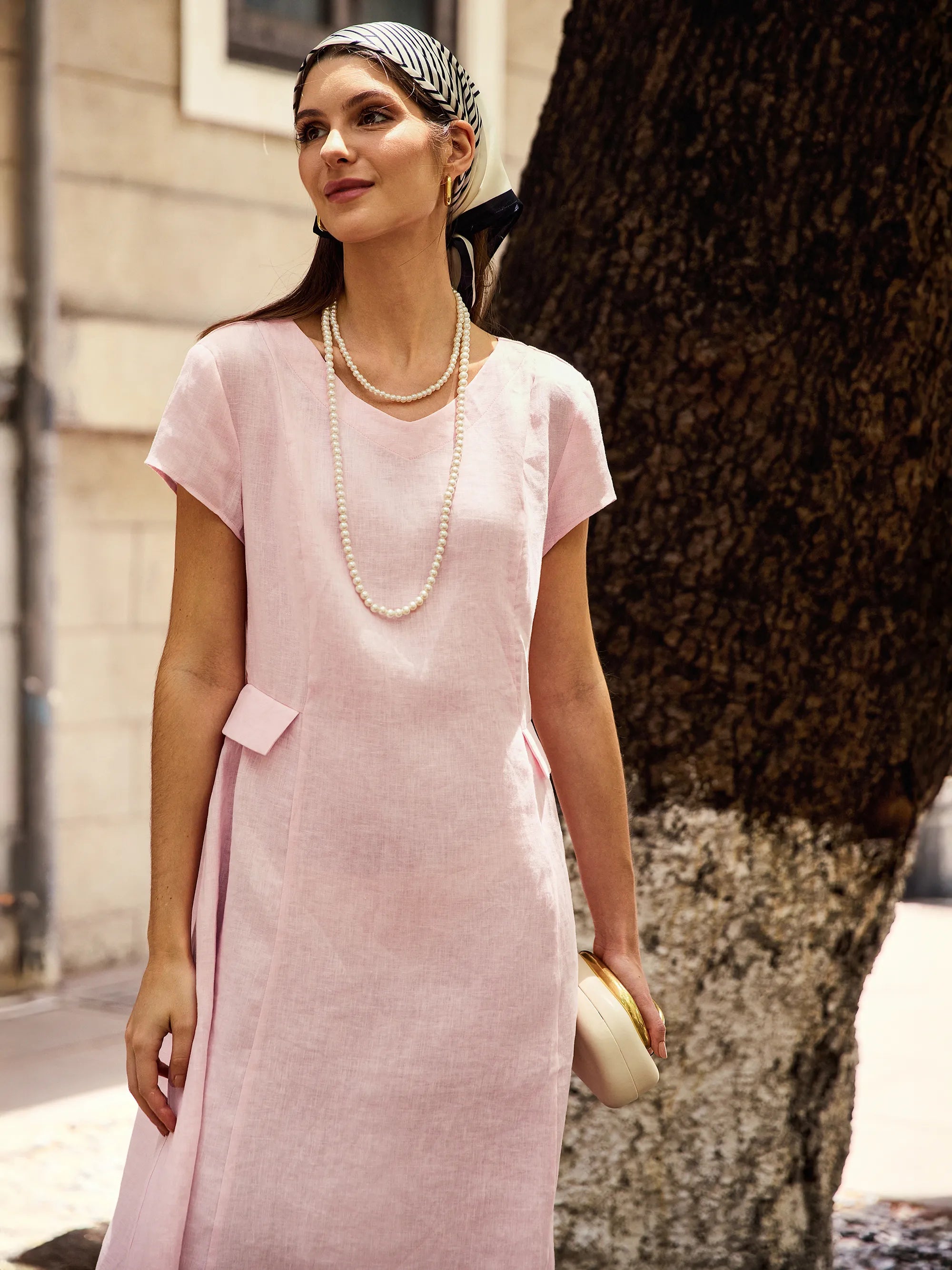 100% Linen Natural Summer V-Neck Dress