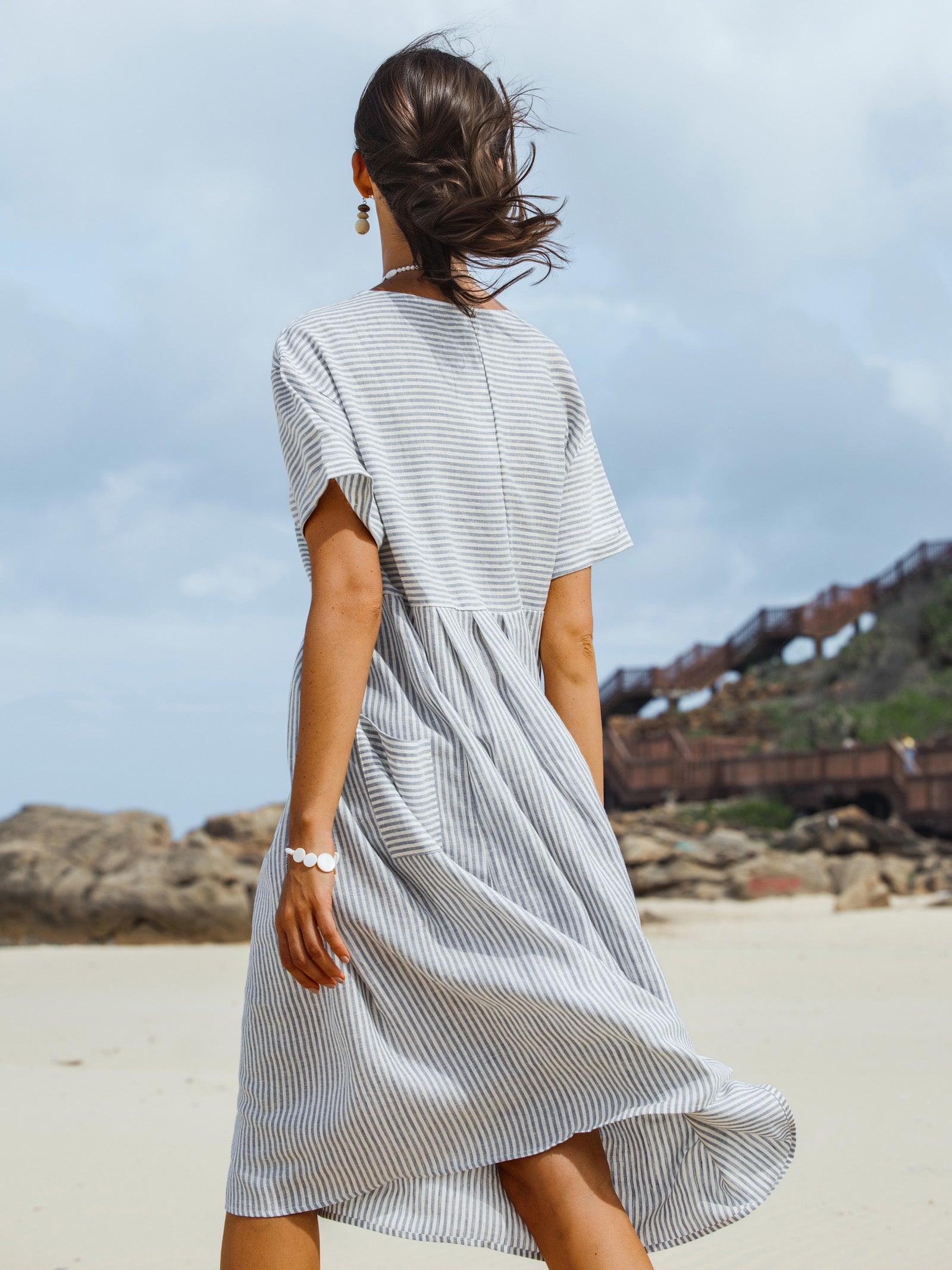 100% Linen Pinstripe Paneled Short-Sleeved Dress MORGAN by LINTICO for women