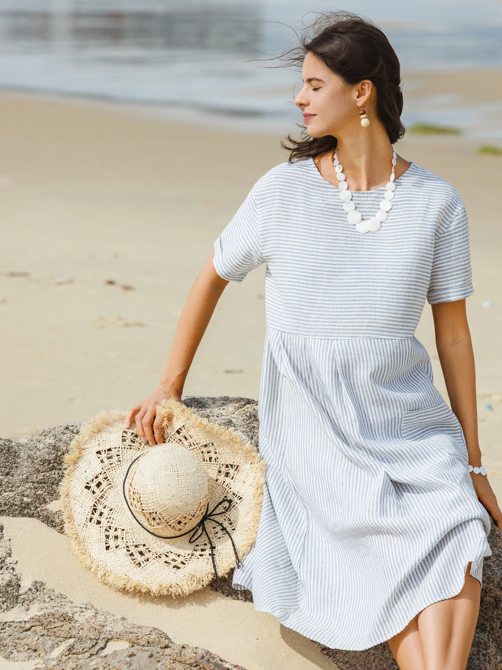 100% Linen Pinstripe Paneled Short-Sleeved Dress MORGAN by LINTICO for women