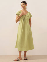 100% Linen Pleated Crew Neck Midi Dress with Detachable Tie Straps MIRA by LINTICO for women