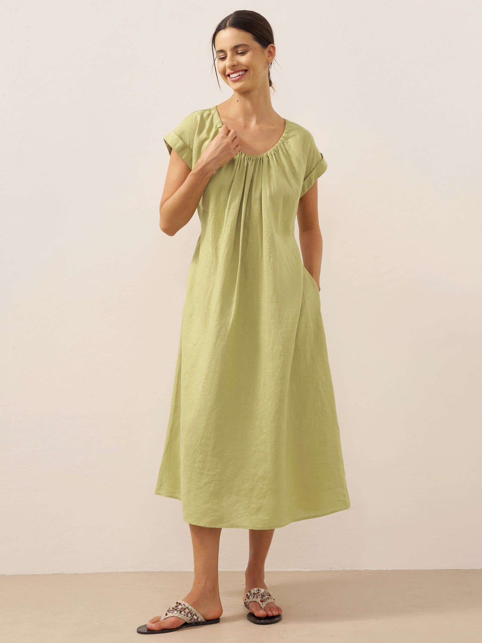 100% Linen Pleated Crew Neck Midi Dress with Detachable Tie Straps MIRA by LINTICO for women