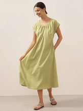 100% Linen Pleated Crew Neck Midi Dress with Detachable Tie Straps MIRA by LINTICO for women