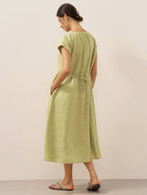 100% Linen Pleated Crew Neck Midi Dress with Detachable Tie Straps MIRA by LINTICO for women