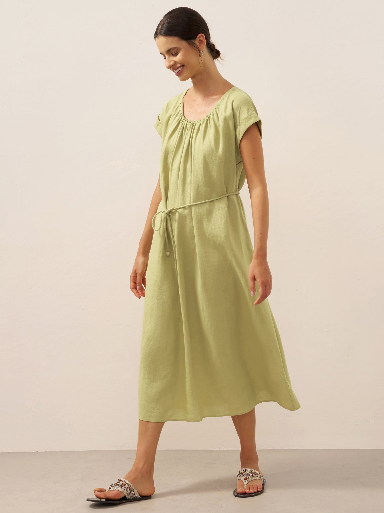 100% Linen Pleated Crew Neck Midi Dress with Detachable Tie Straps MIRA by LINTICO for women