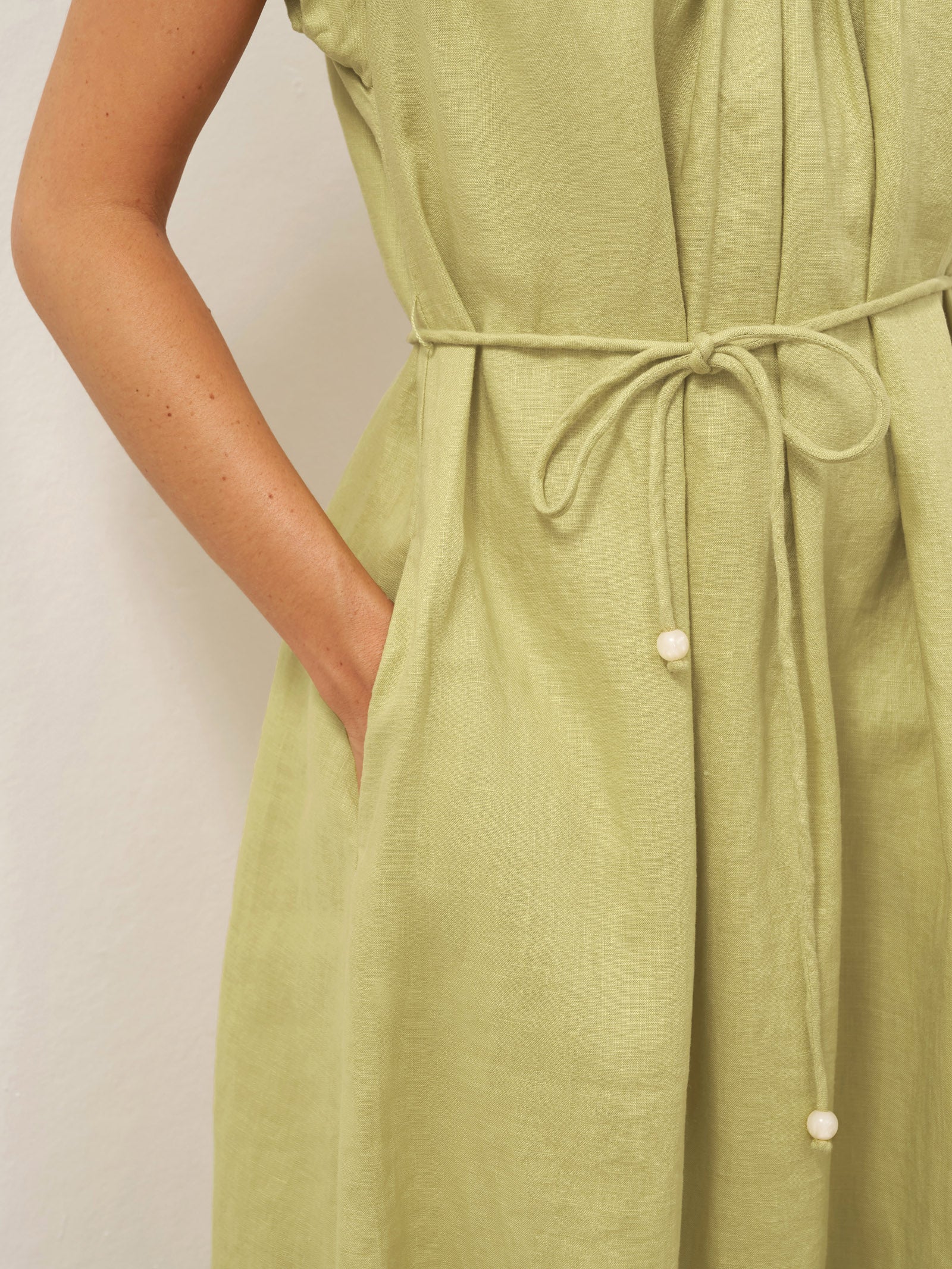 100% Linen Pleated Crew Neck Midi Dress with Detachable Tie Straps MIRA by LINTICO for women